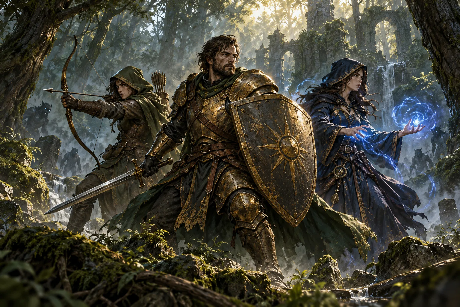 Original illustration of a knight, hunter, and mage in a fantasy forest